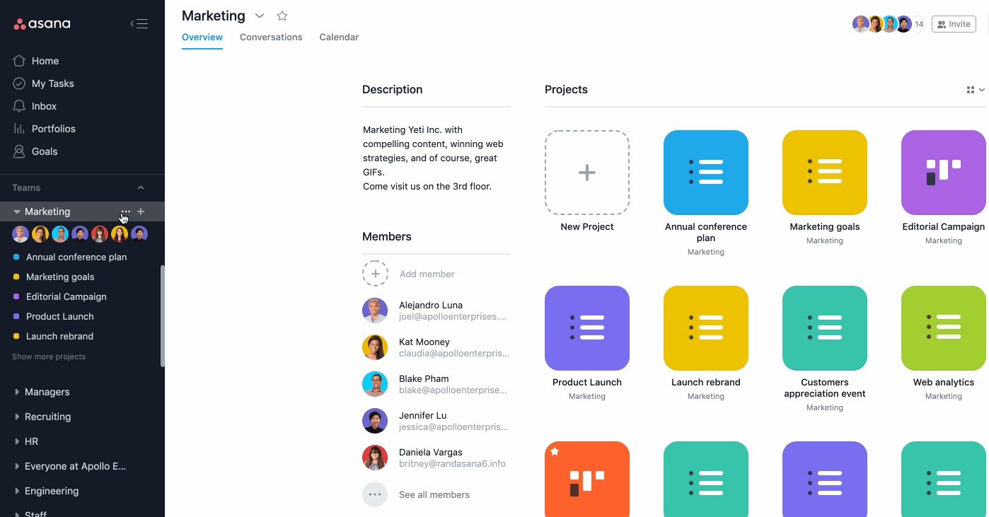 Asana Teams - Three dots option near Team's Name